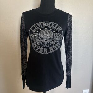 Rhinestone Black Graphic Long Sleeve Tee